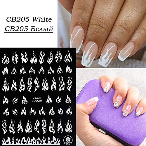 Flame Nail Stickers, 4 Sheets 3D Holographic Fire Nail Art Decals, White Black