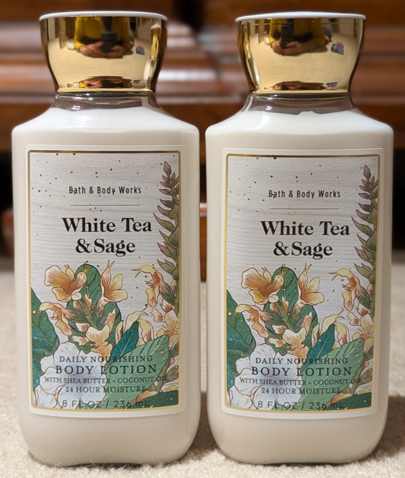 NEW Bath & Body Works White Tea and Sage TWO Body Lotions (8 fl oz/236 ml each)
