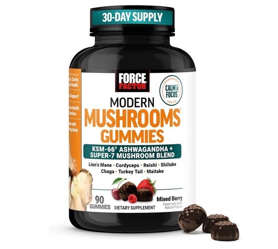 Force Factor Mushroom Supplement Gummies KSM-66 Ashwagandha Mixed Berry 90 Ct