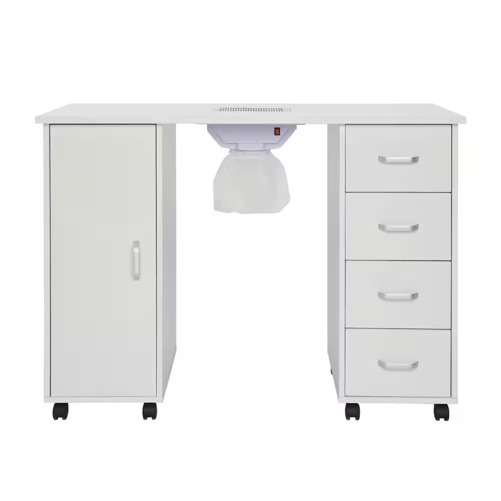 43 In. White MDF Manicure Nail Table Station 4-Drawers 1-Door with Fan Beauty Sp