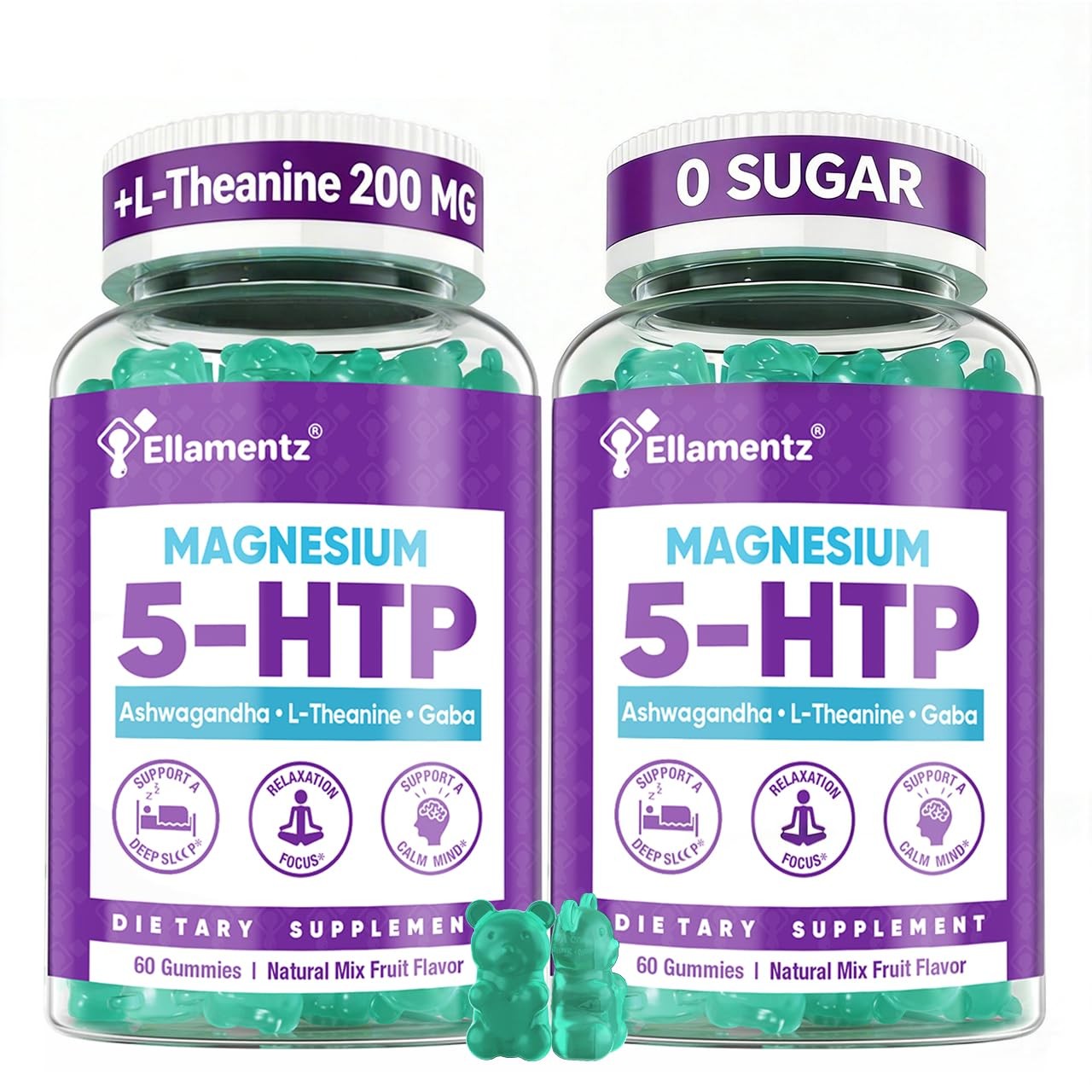5HTP Gummies + GABA – Melatonin Free -Magnesium Glycinate, Ashwagandha, L-The…