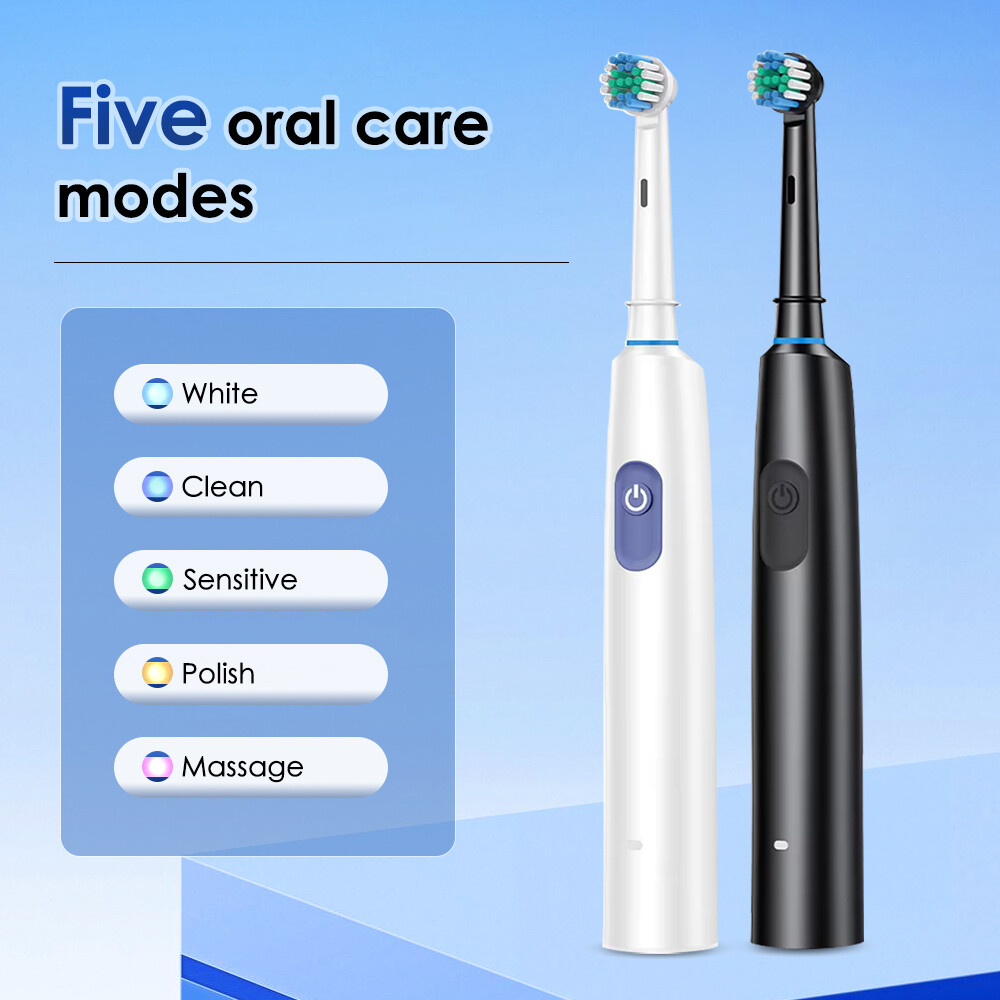 Rechargeable Electric Toothbrush Pro 5 Modes Rotating Brush with 4/8 Heads Timer