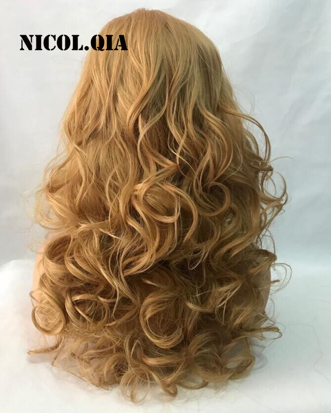 Fashion Girls Mix Gold Blonde Curly Hair Big Wavy Human Hair Blend Heat Ok Wigs