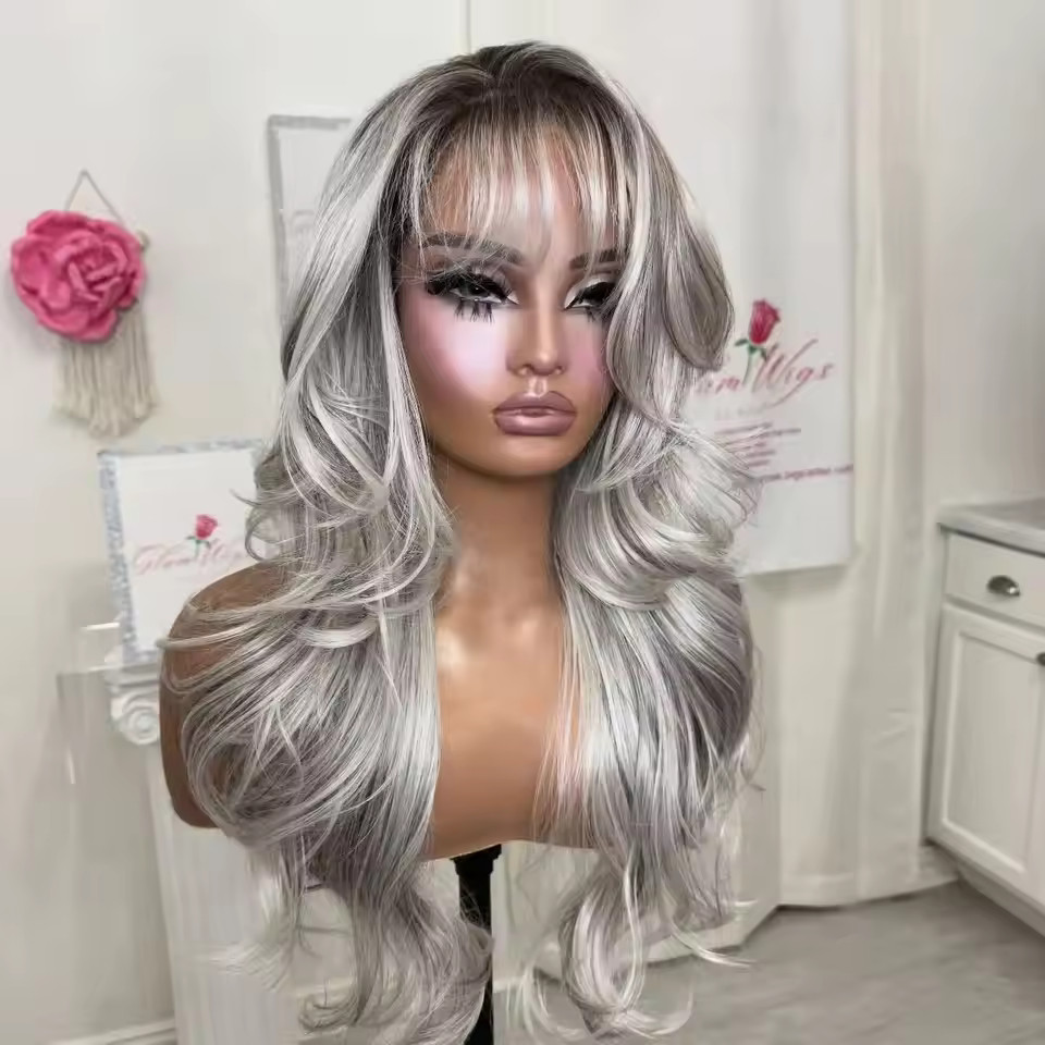Ombre Silver Gray Wigs with Bangs 100% Human Hair Lace Front Wigs Pre Plucked