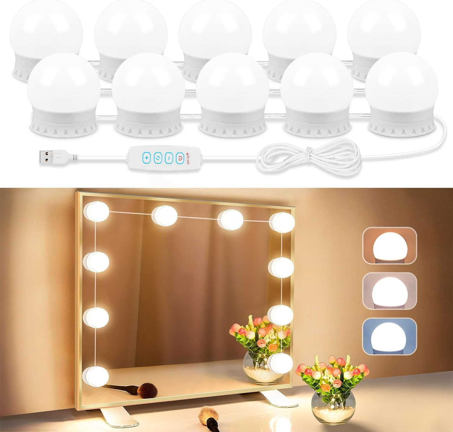 LED Vanity Lights for Mirror, Vanity Lights Stick on with 10 Dimmable Bulbs, 300