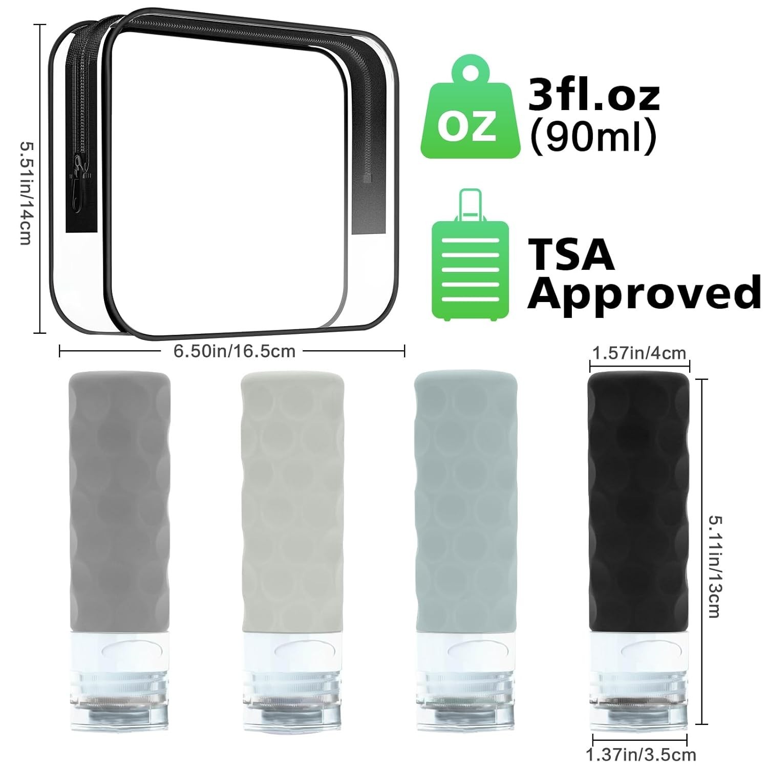 Travel Bottles BPA Free Leak Proof Silicone 3oz TSA Approved Refillable