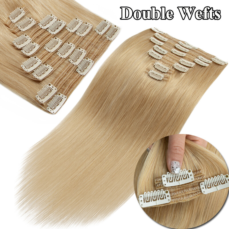 200G Extra Thick Double Weft Clip In Remy Human Hair Extensions Full Head Blonde