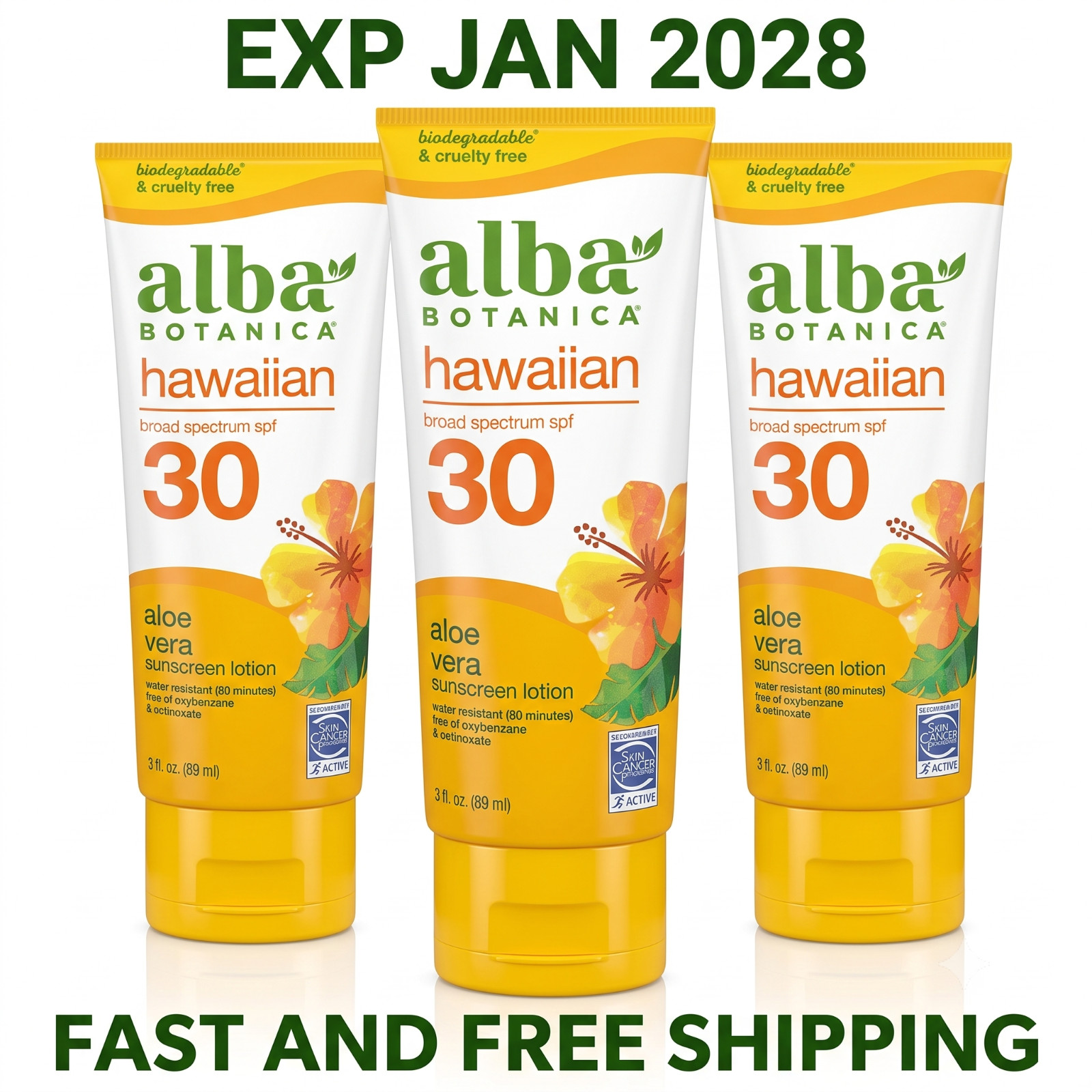 Alba Botanica SPF 30 Aloe Vera Hawaiian Sunscreen Lotion 3oz 3-Pack EXP 1/2028