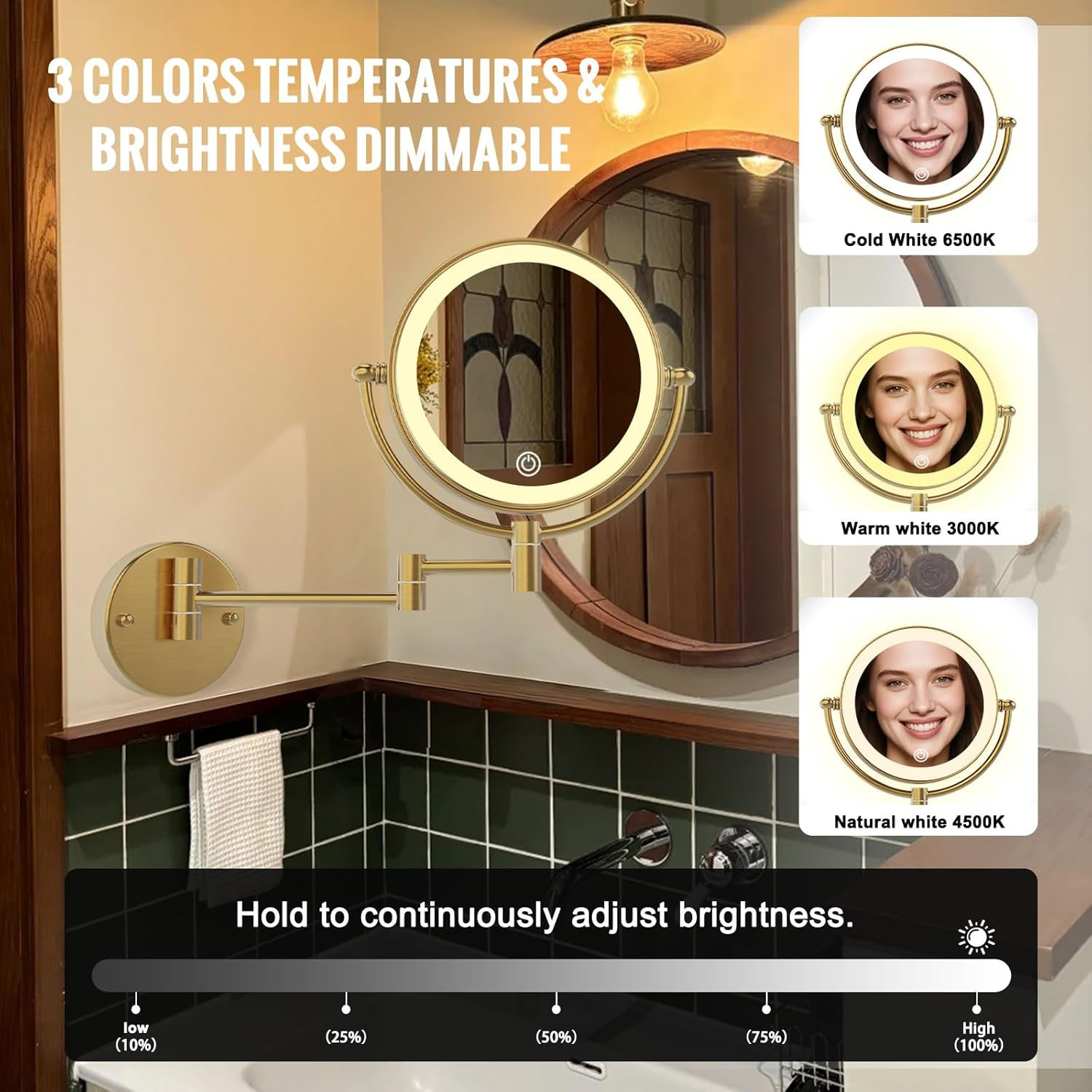Gold Wall-Mounted Lighted Makeup Mirror 1X/10X with 3 Color LED Rechargeable