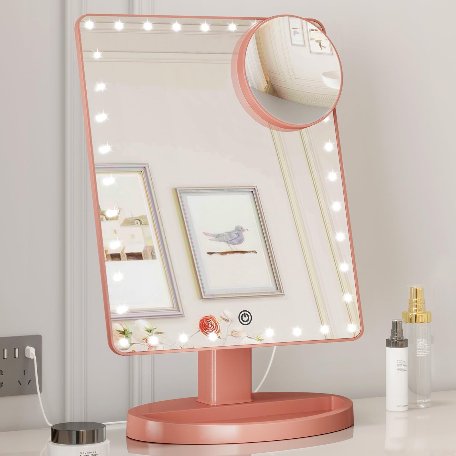 Large Tabletop LED Makeup Vanity Mirror Touch Screen 10X Magnifier Desk 360