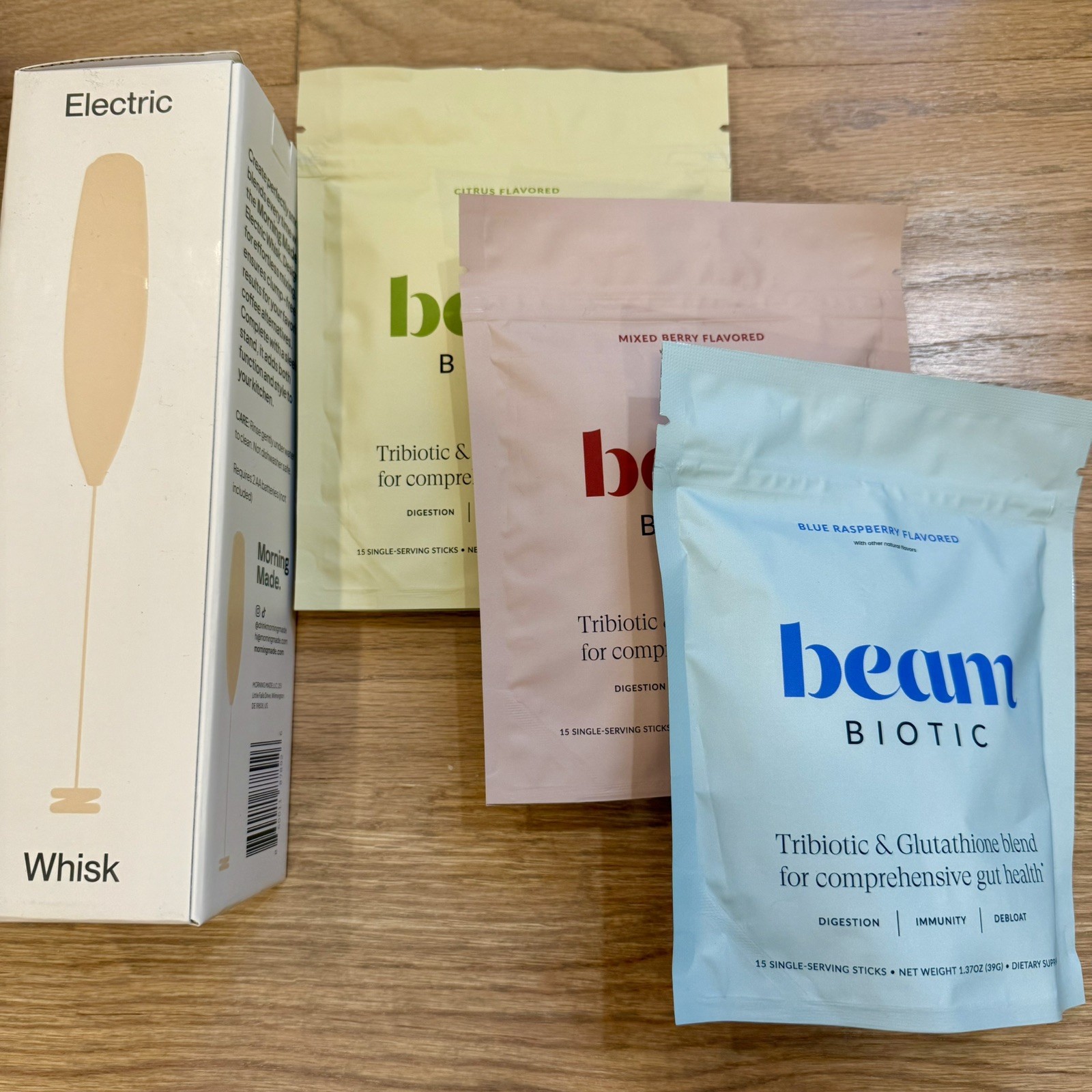 Beam Biotic Variety Pack Tribiotic + Glutathione Powder 45 Sticks + Whisk