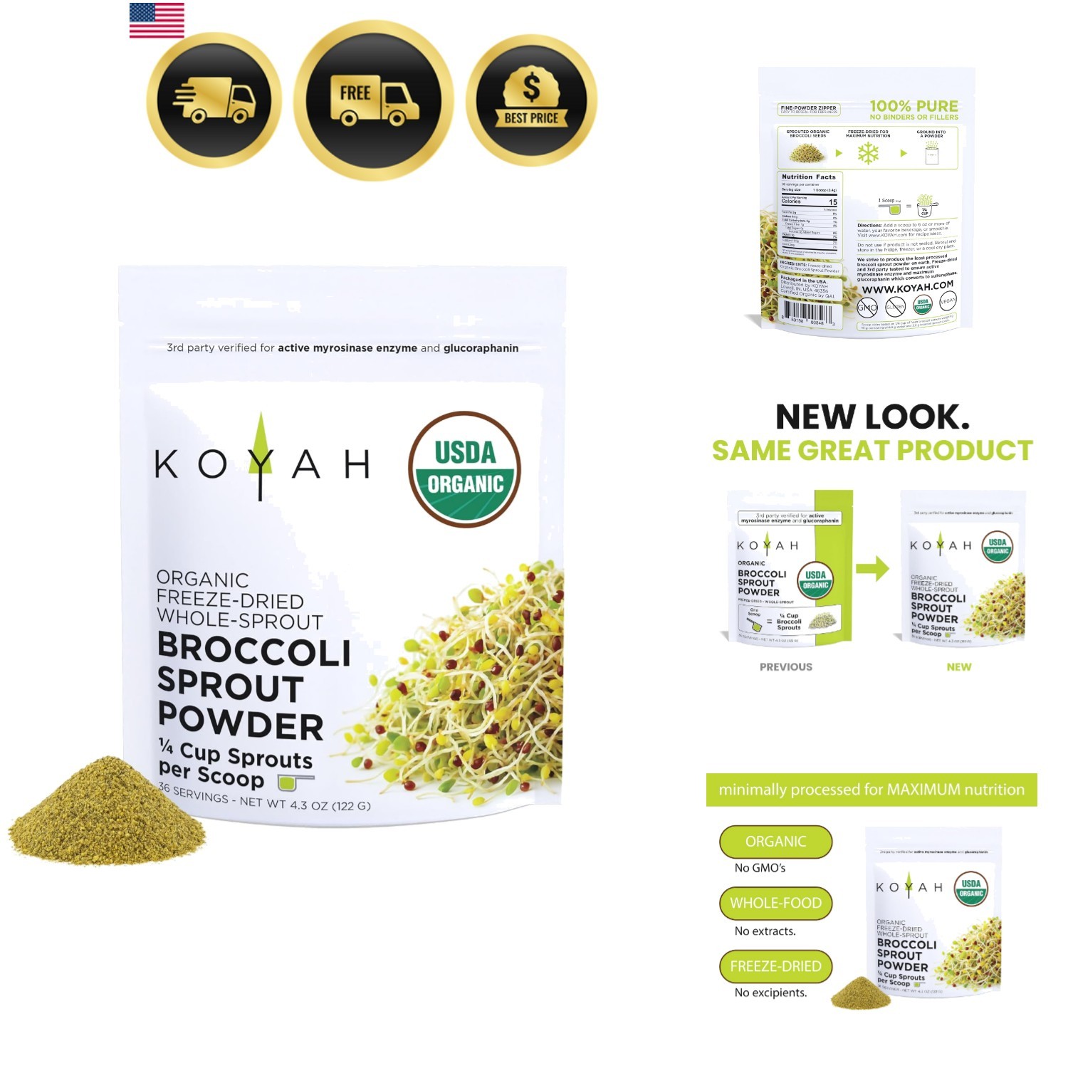 Organic Broccoli Sprout Powder, Freeze-dried: 36 Servings | Grown, 1 Scoop =…