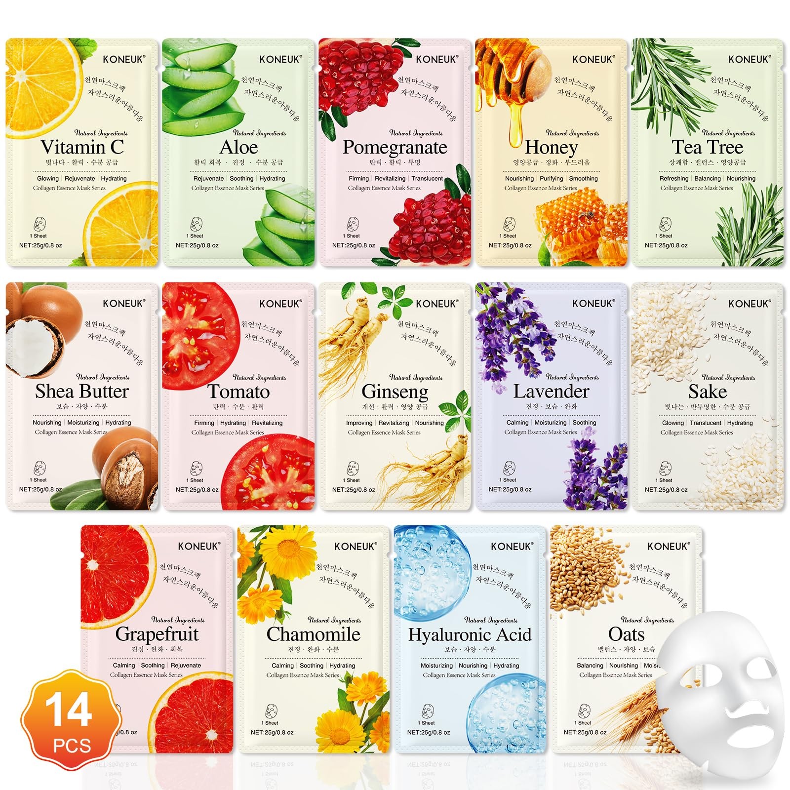 Koneuk 14 Pack Sheet Face Masks Skincare Hydrating Face Masks Suitable For Dry