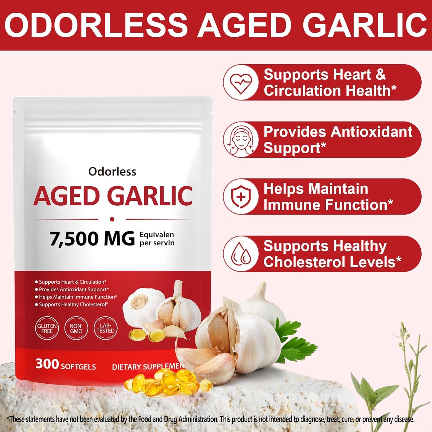 Odorless Garlic 7500mg Per Servings, 300 Softgels | 2 Years Aged Garlic Extra…