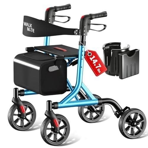 Rollator Walker 8″ Wheels Lightweight Foldable Seat 300lb Blue WALK MATE