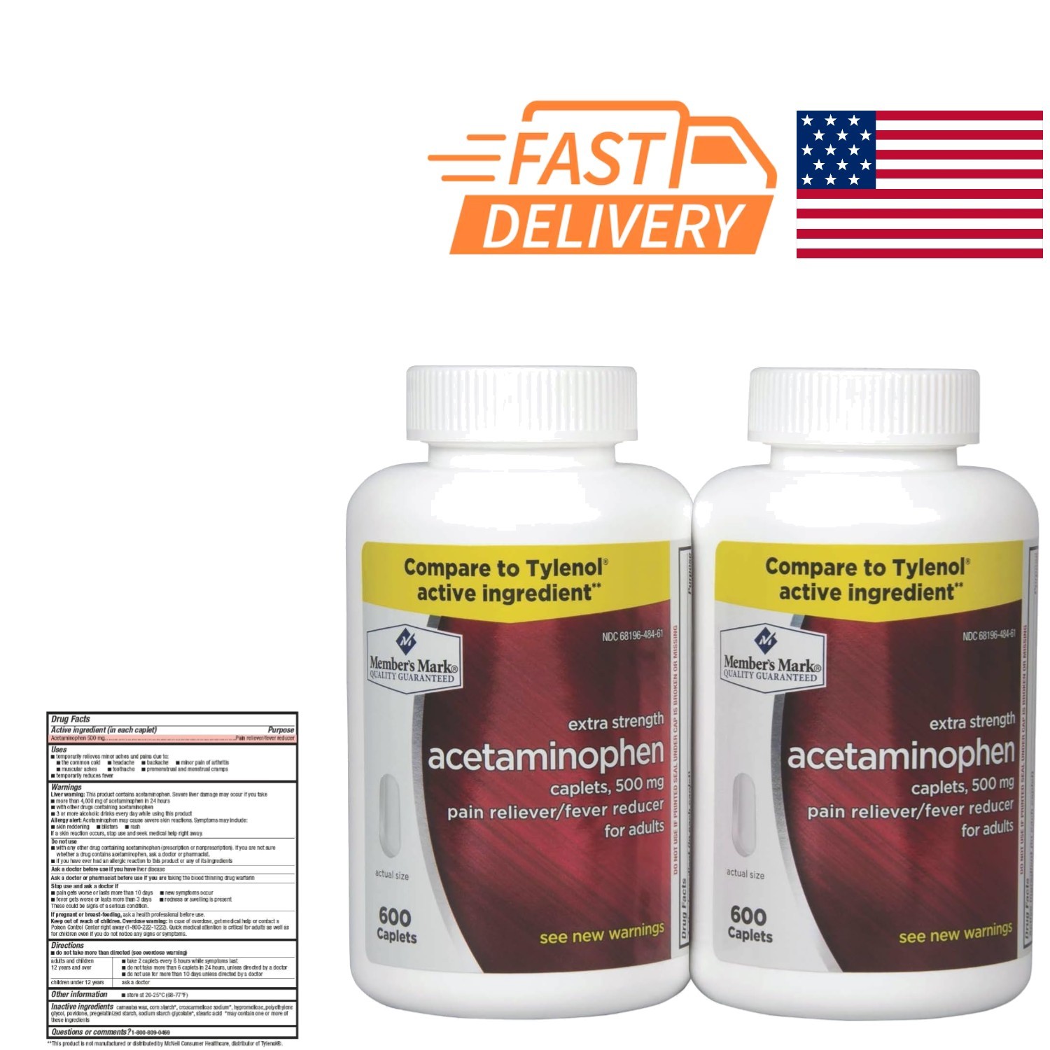 Acetaminophen Pain Reliever 500mg Fever Reducer 1200 Caplets Blue Raspberry