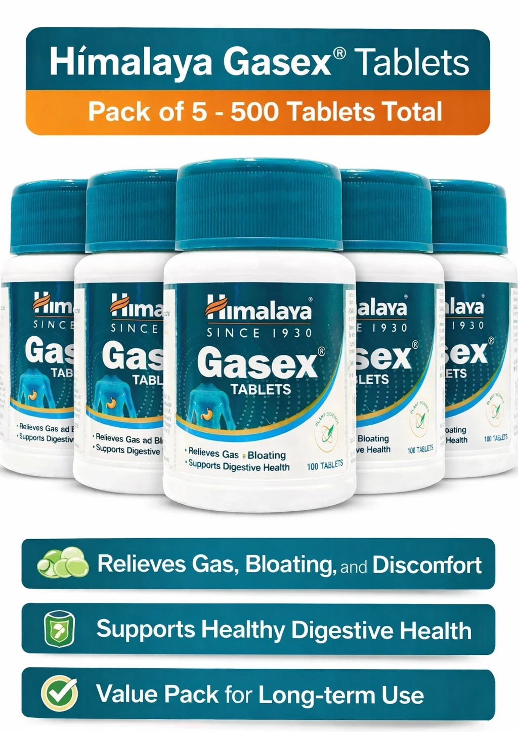 Himalaya Gasex 60 Tablets (Pack of 5x) Ayurvedic Herbal Wellness Formula