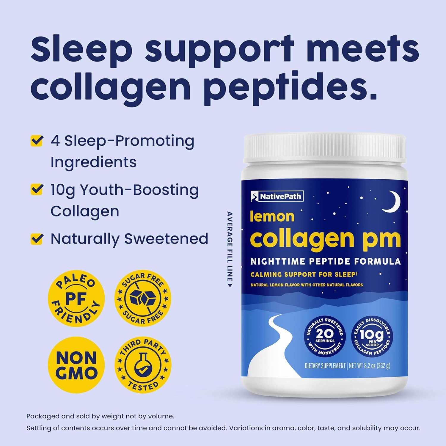 NativePath Collagen PM Sleep Powder, Lemon – Melatonin, Magnesium, GABA & L-Th