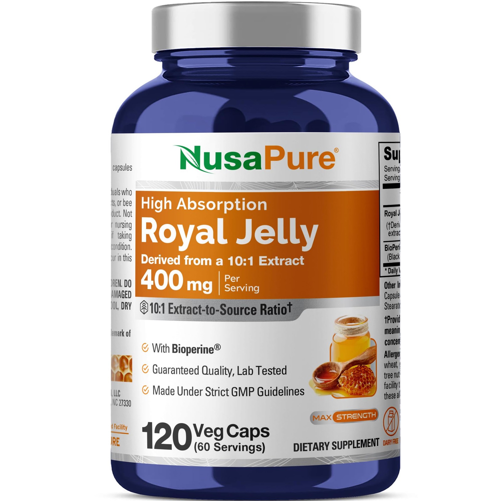 Nusapure Royal Jelly Capsules 400 Mg 120 Veg Capsules Non-Gmo Dairy