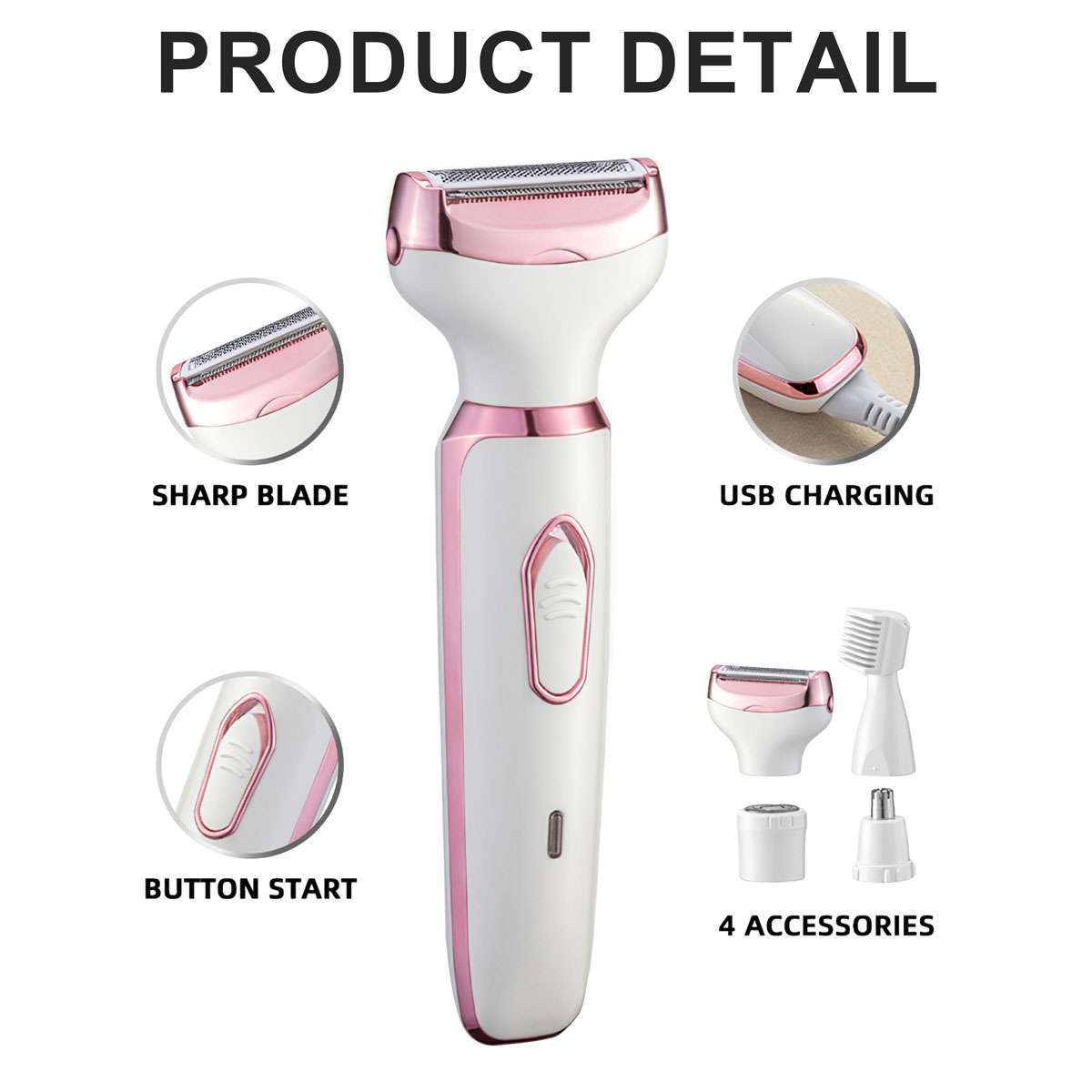 4 In 1 Women Electric Shaver Rechargeable Waterproof Razor Painless Epilator