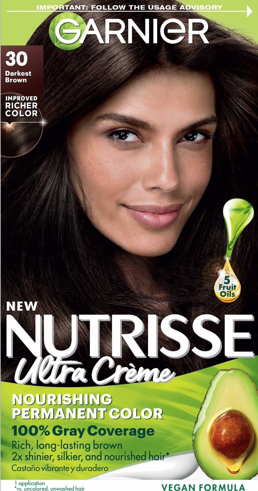 Garnier Nutrisse Nourishing Hair Color Crème. Permanent Dye. 30 Darkest Brown