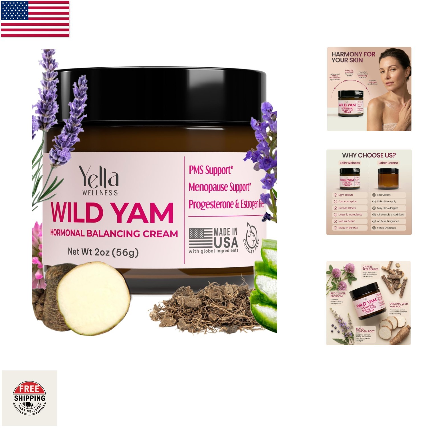 Organic Wild Yam Cream – Natural Hormone Balance for PMS & Menopause Relief, 2oz