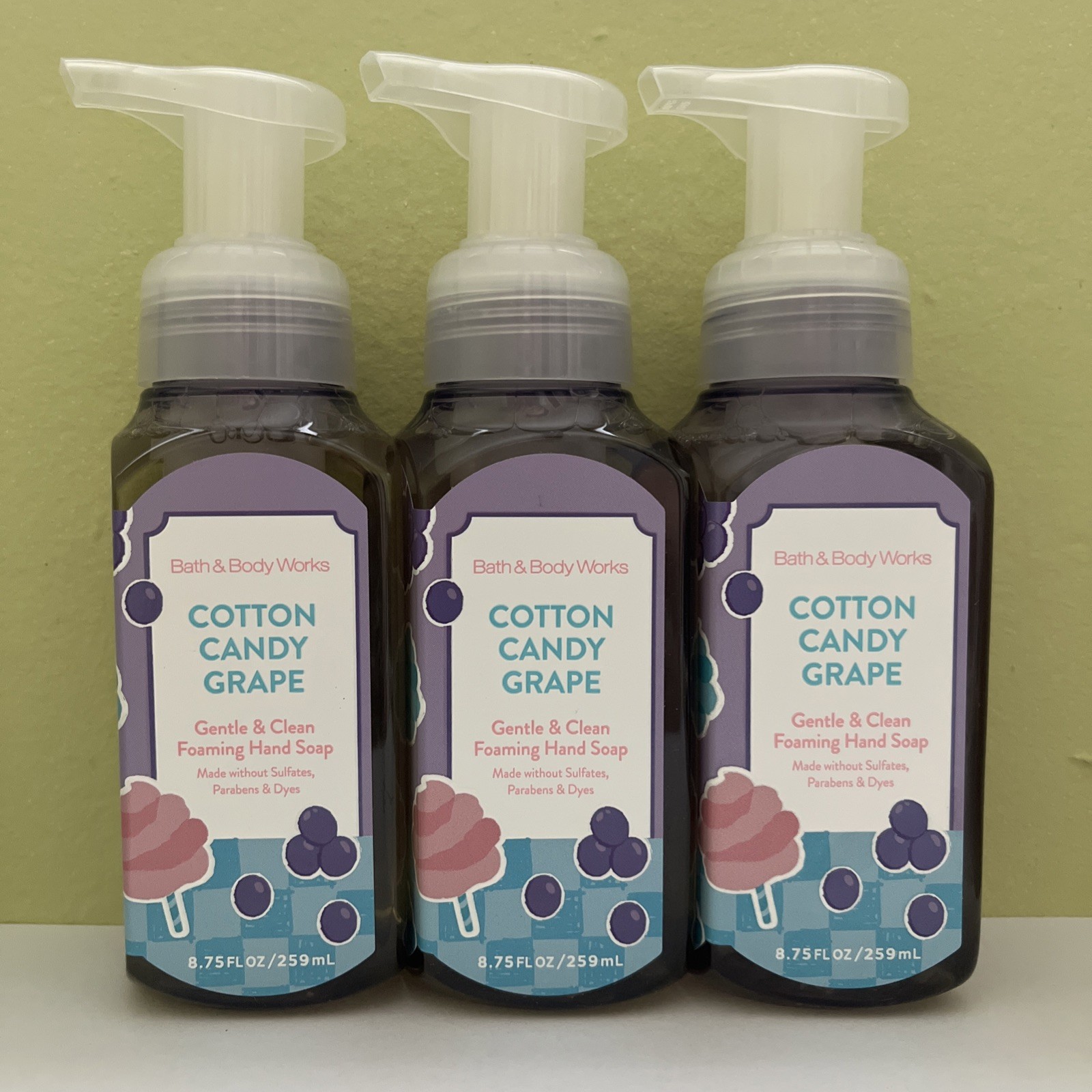 (3) Bath & Body Works COTTON CANDY GRAPE Gentle Foaming Hand Soap 8.75oz NEW