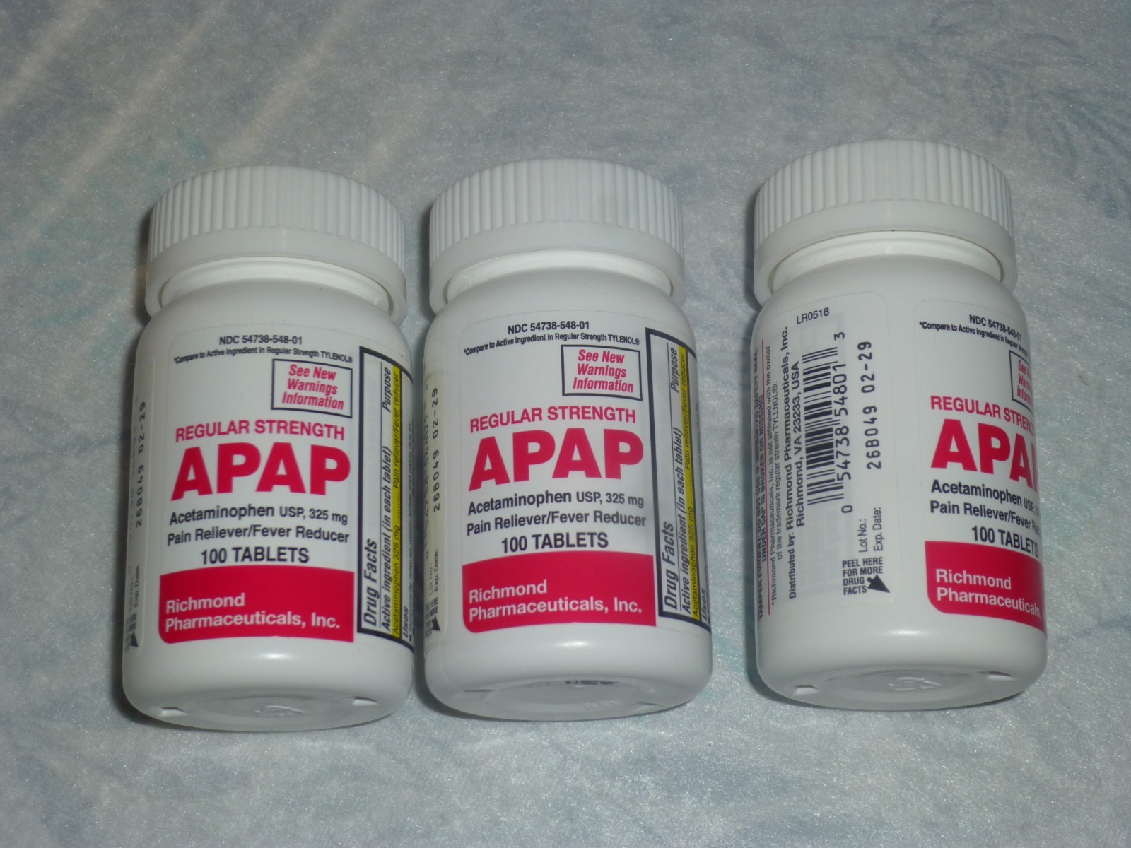 APAP Acetaminophen 325 mg Lot of (3) total bottles = (300 tablets)