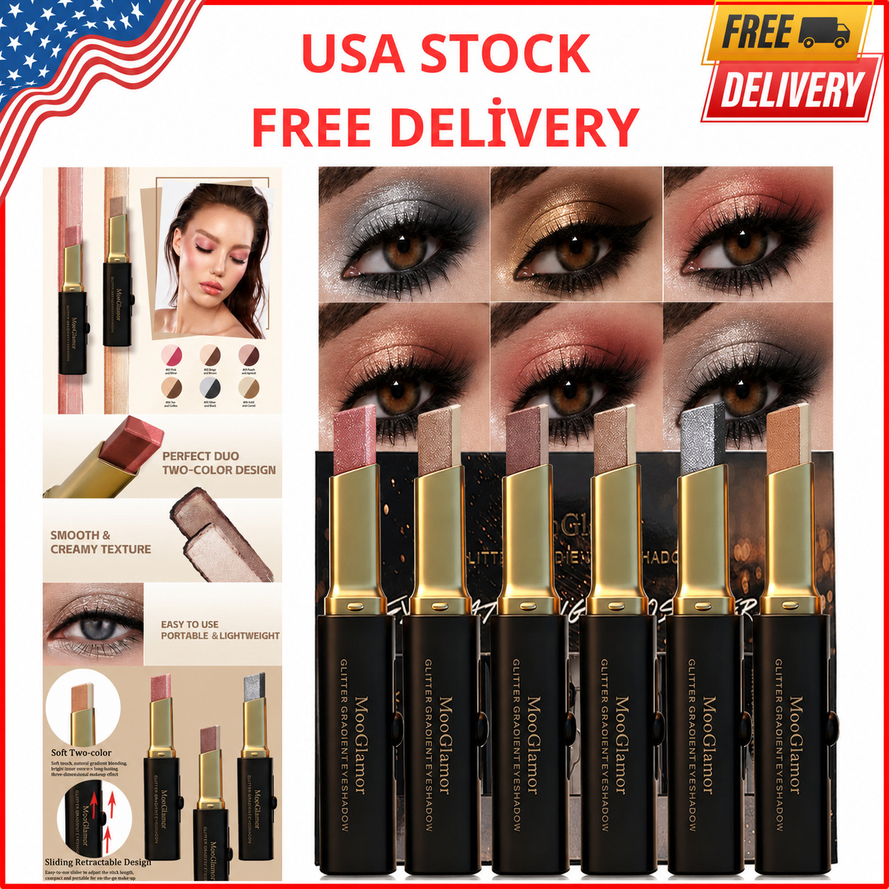 6 Pcs Glitter Eye Shadow Stick Set – Waterproof Shimmer & Gradient Colors for Lo