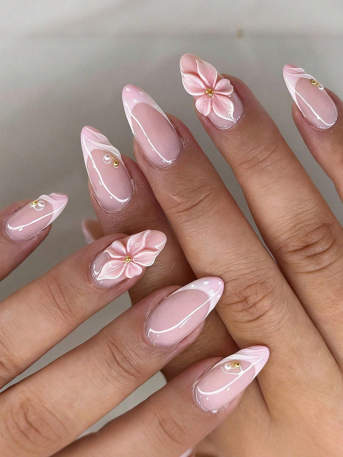 Press-On Nails Long Almond Pink French 3D Flower Pre-Designed Full Cover Set