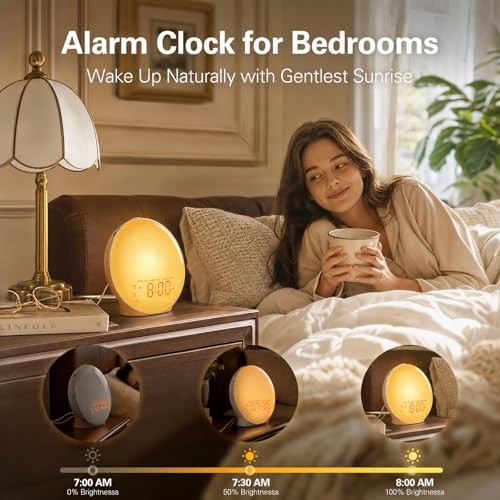Full-Screen Wake Up Light Sunrise Alarm Clocks for Bedrooms, Honey Oak Wood