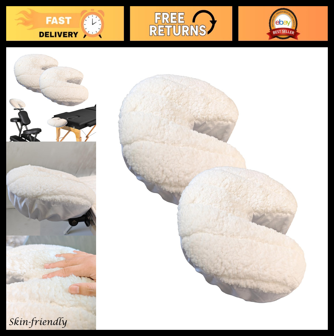 Massage Table Headrest Cover Set – Soft Faux Fleece, Washable Elastic Face Cradl