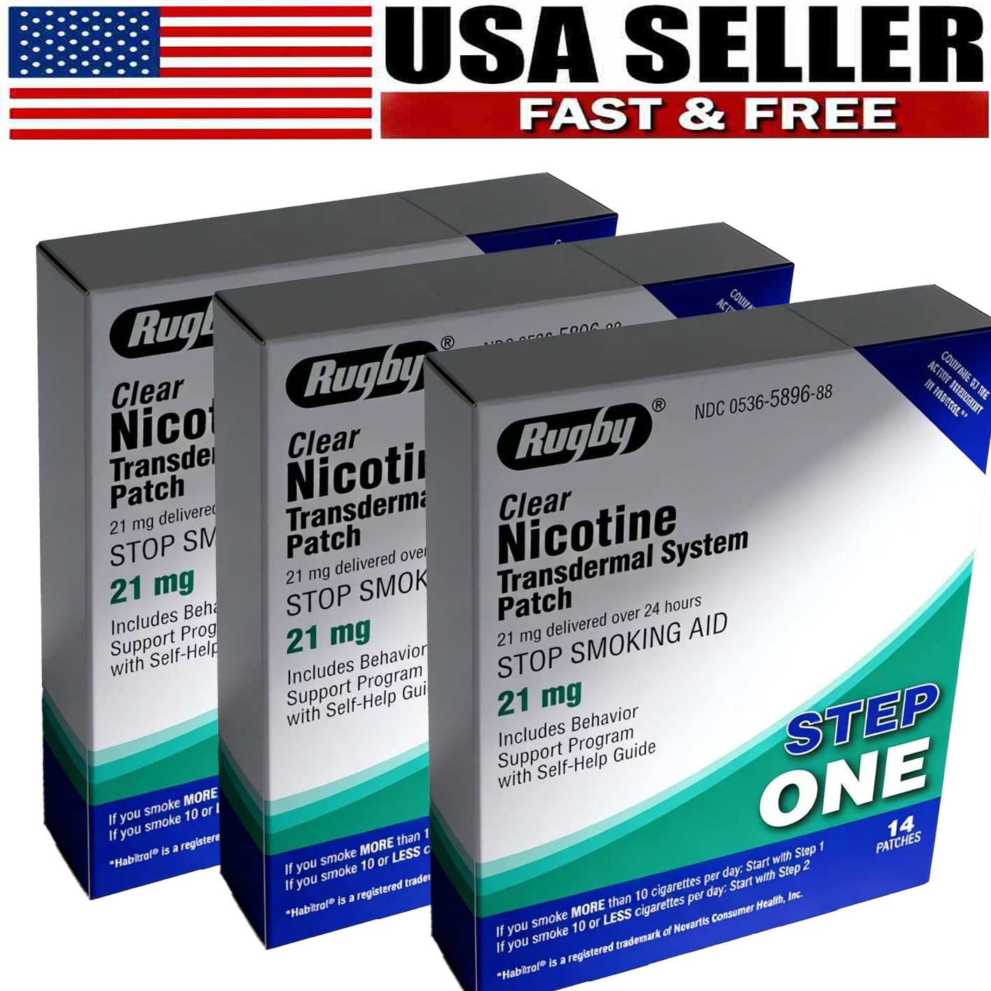 3 Pack Rugby Clear Nicotine 21mg Transdermal System Patch Step EXP 6/2028