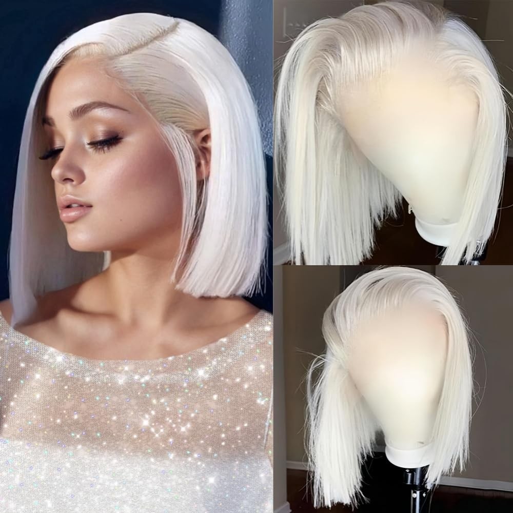 #60 White Platinum Blonde Bob Lace Front Wigs for Women Party Natural Hairline