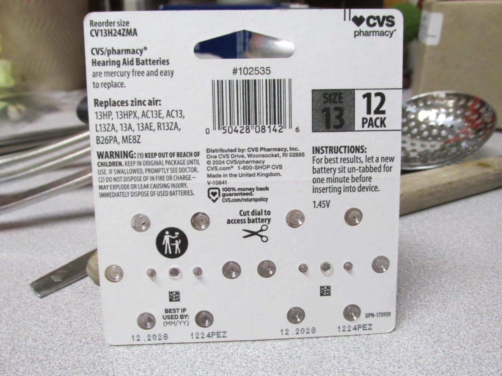 CVS Hearing Aid Zinc Air Batteries 1.45v Size 13 Pack of 12 Expiration 2028