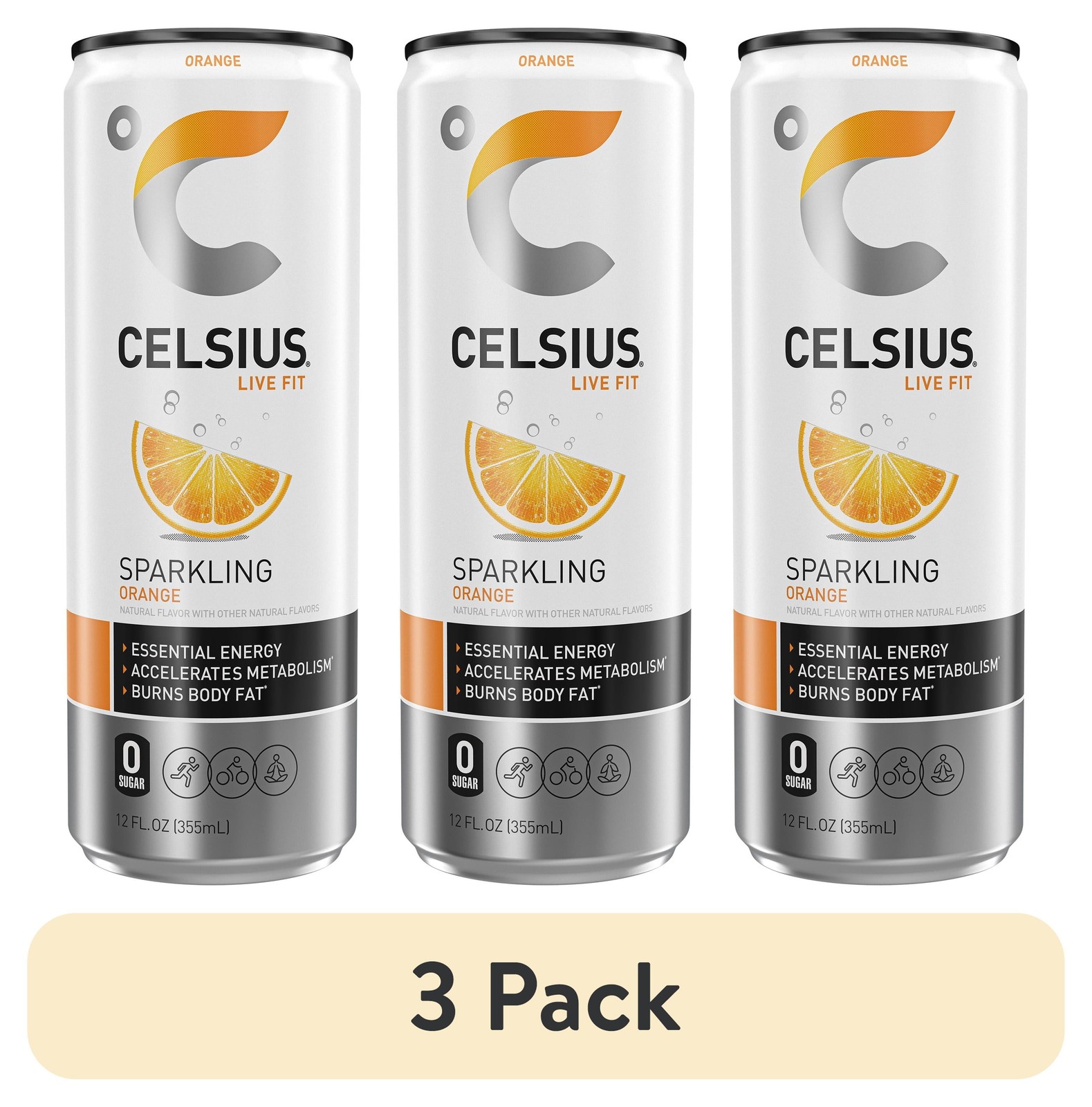 (3 Pack) CELSIUS Sparkling Orange, Functional Energy Drink 12 Fl Oz Single Can