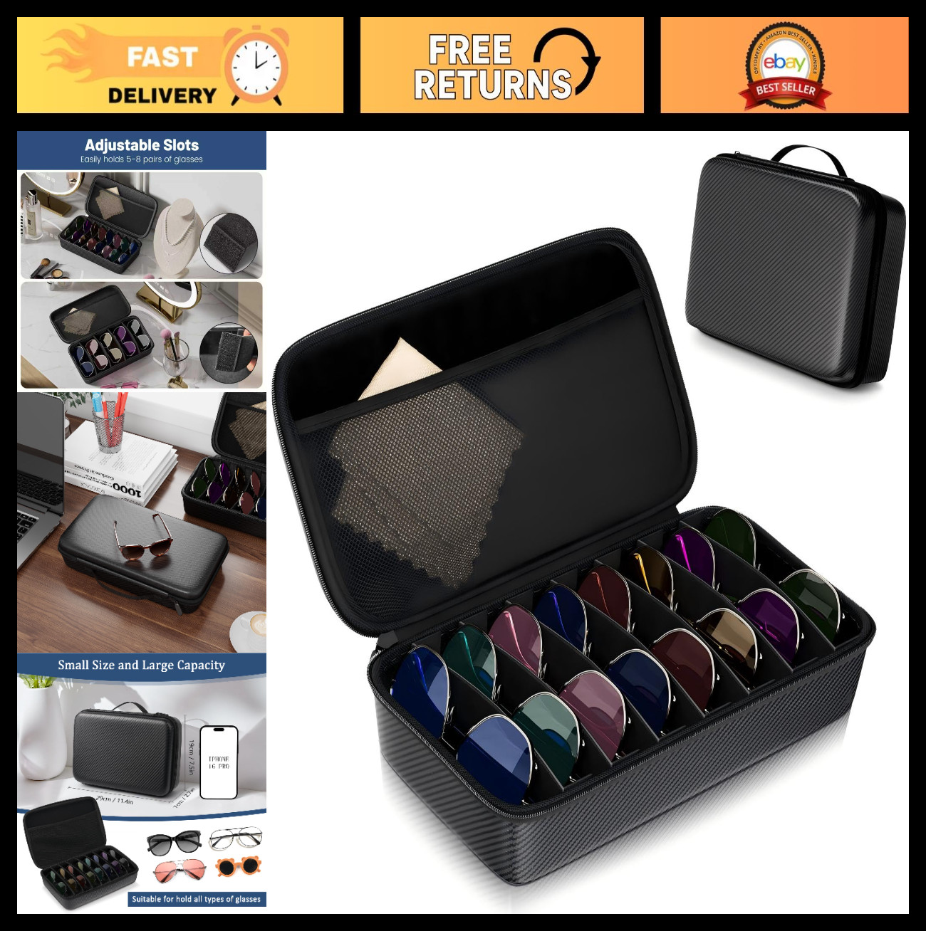 Travel Sunglasses Organizer Case – Hard Shell, Adjustable Slots for Multiple Eye