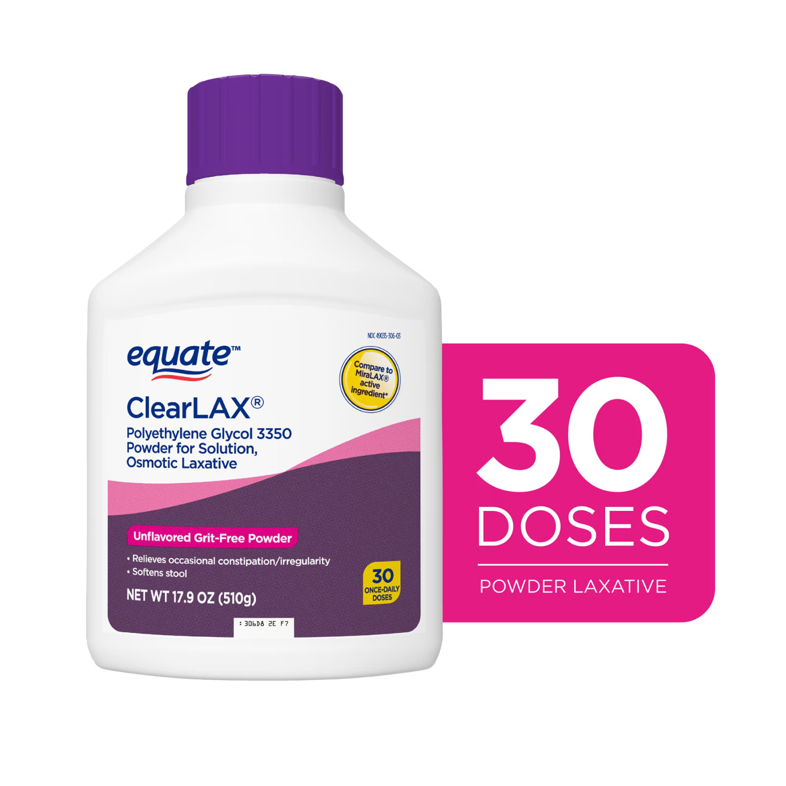 Equate ClearLAX Polyethylene Glycol 3350 Powder for Solution, Unflavored, 30 Dos