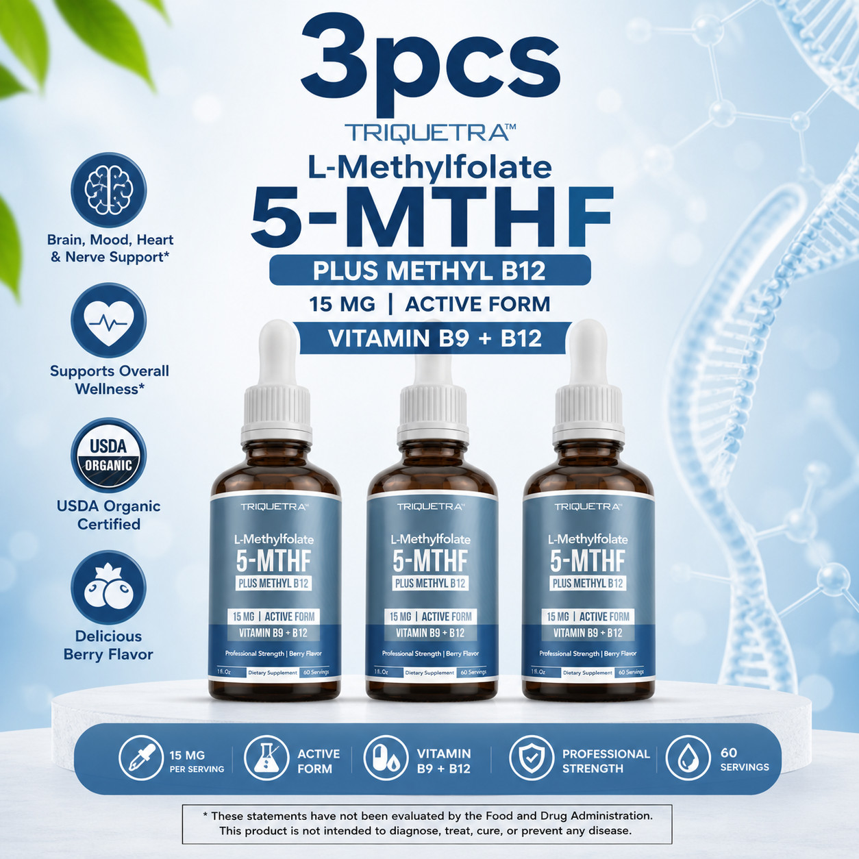 3 Pack Triquetra 5-MTHF 15mg L-Methylfolate + B12 Brain & Mood Support Drops