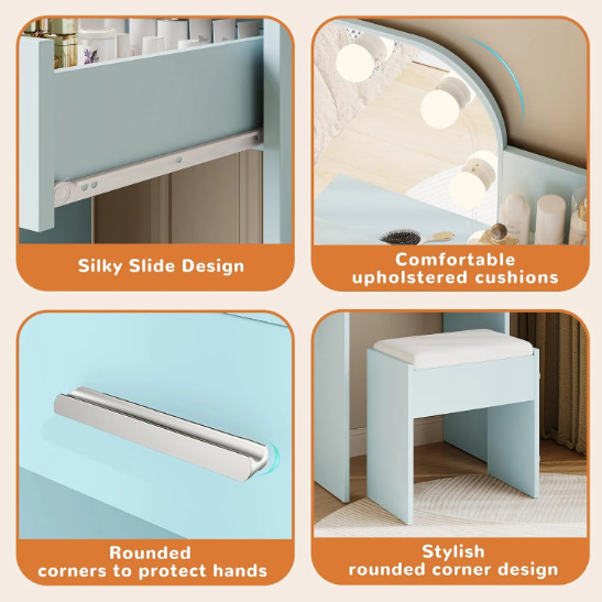 NEORIVER Vanity Desk Set LED Mirror Bench Charging Station 6 Shelf Blue