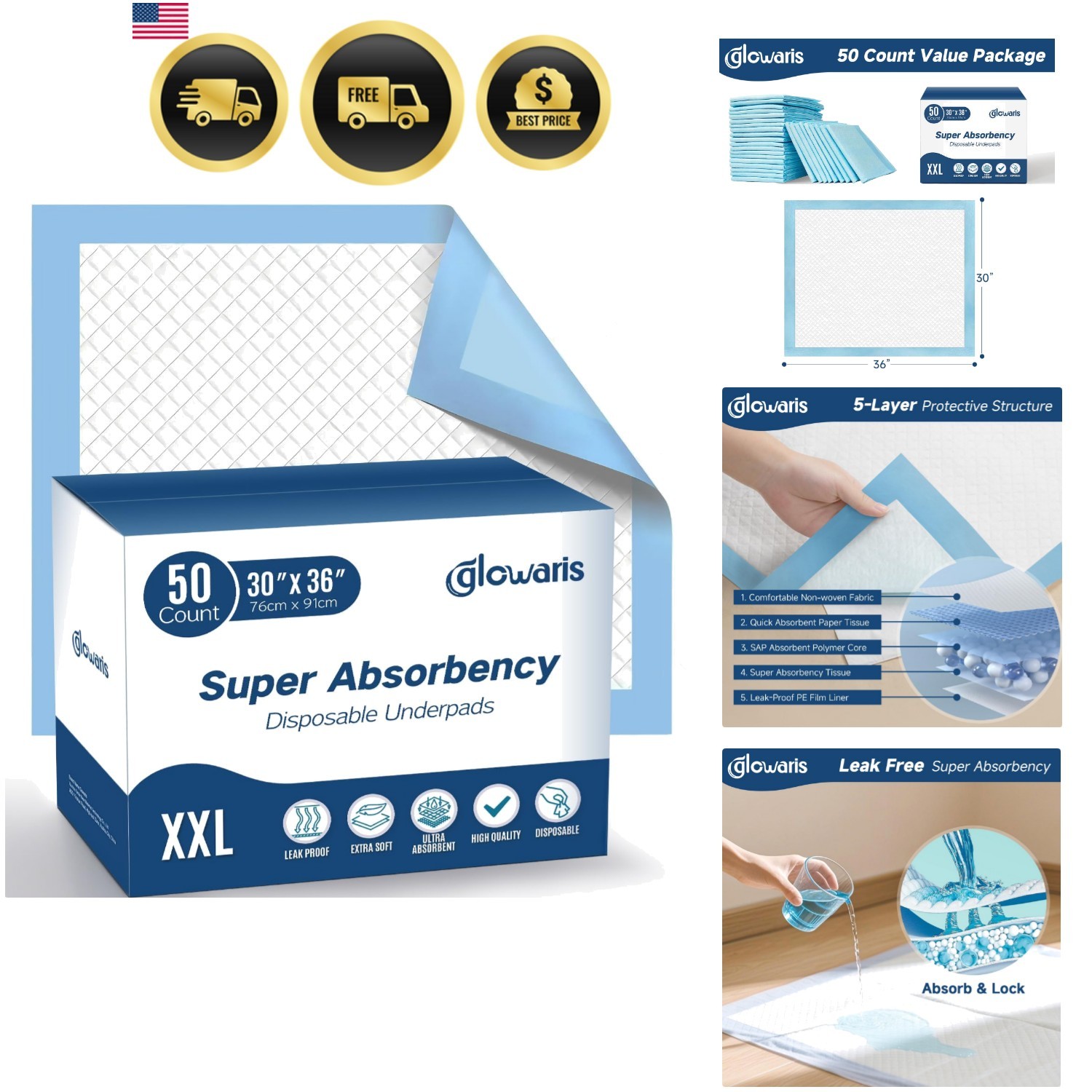 50 Count 30” x 36” XXL Disposable Underpads, Super Absorbent Leakproof Quick …
