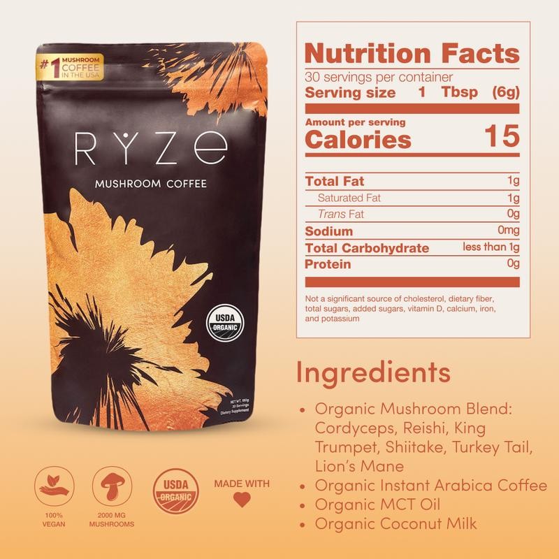 6 Adaptogenic Mushroom Blend Coffee Powder 2000mg Natural Plant Wellness Mix