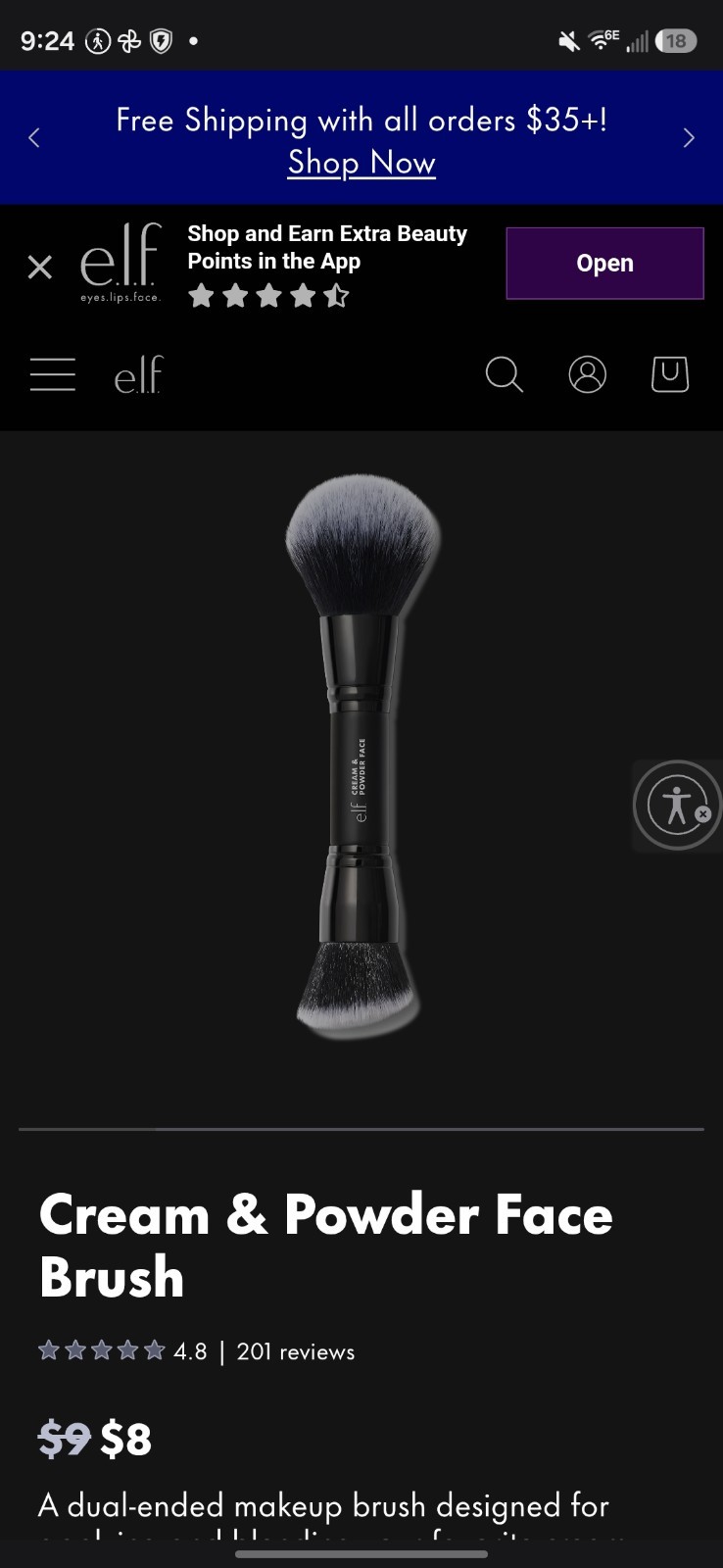 e.l.f. Cream & Powder Face Brush Double-Ended Vegan Cruelty-Free Black 83532