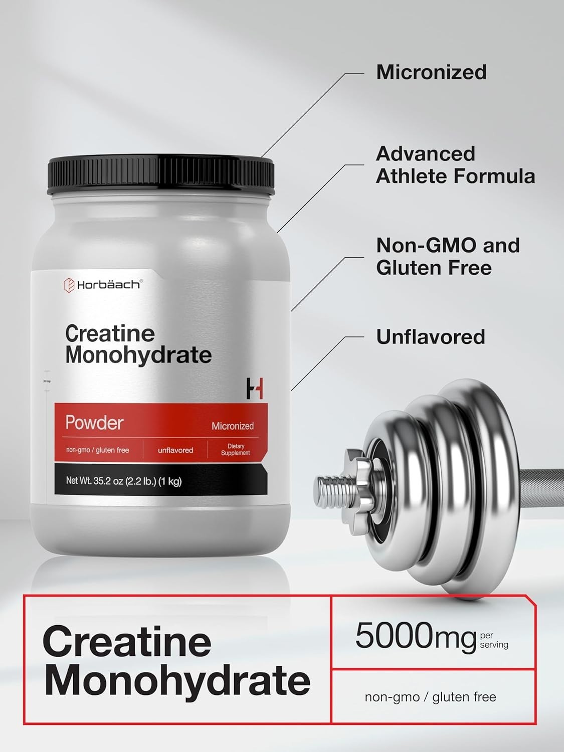 Horbäach Creatine Monohydrate Powder | 2.2lbs (35.2 oz) | Micronized and Unflavo