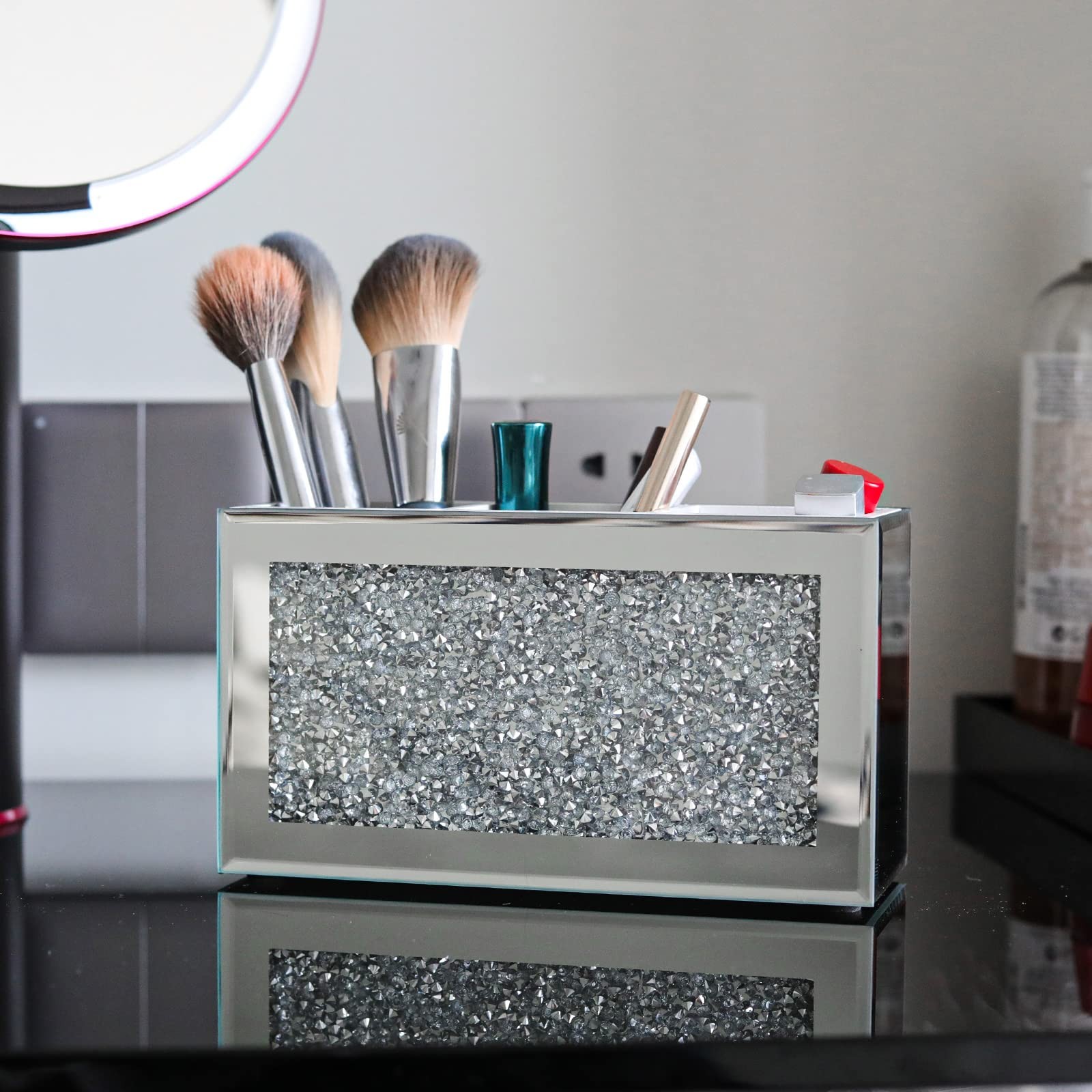SWTHONY Silver Makeup Brush Holder Organizer, Bling 3 Slot Crushed 3 slot