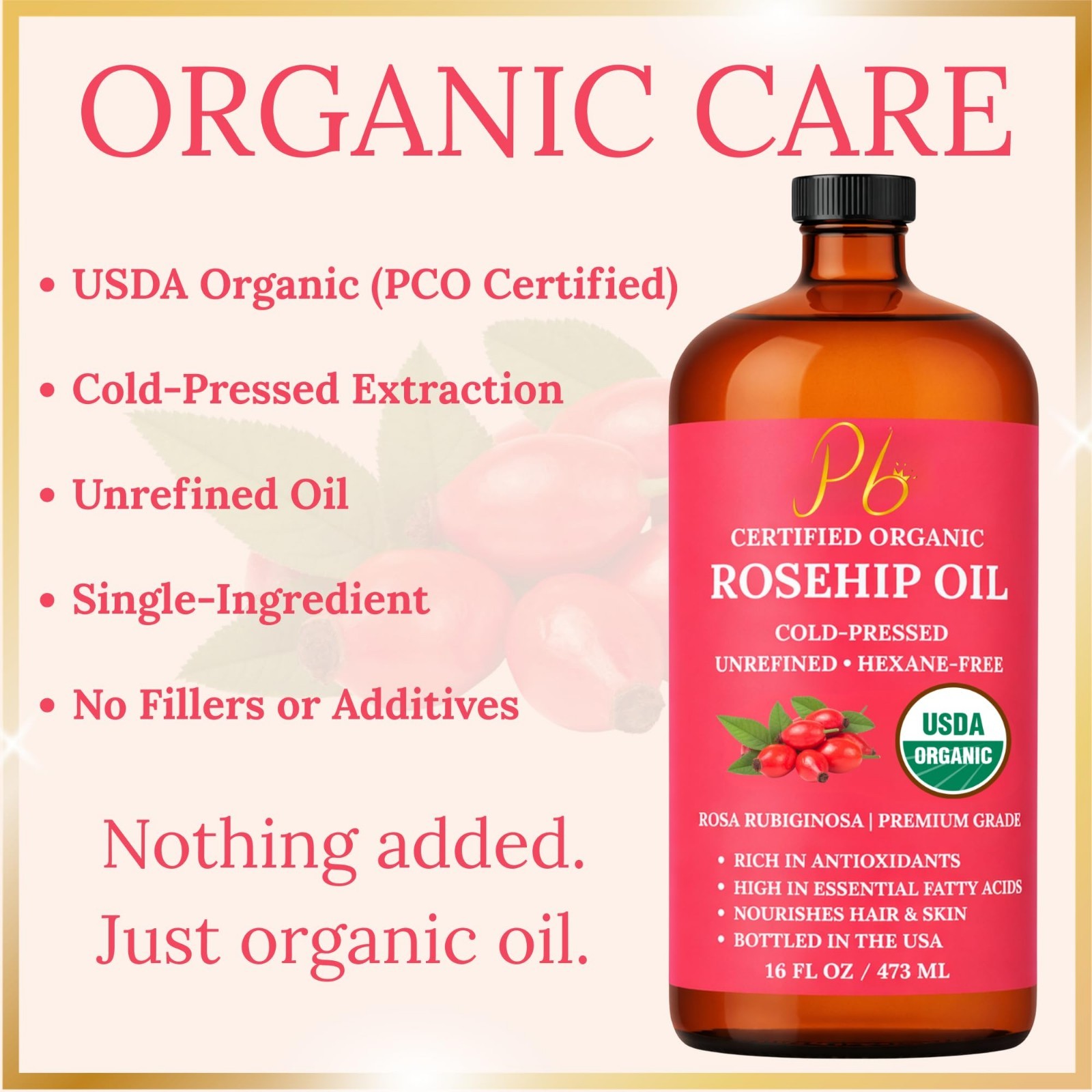 Organic Rosehip Oil 100% Pure Cold-Pressed Unrefined for Face Skin Hair 16 fl oz