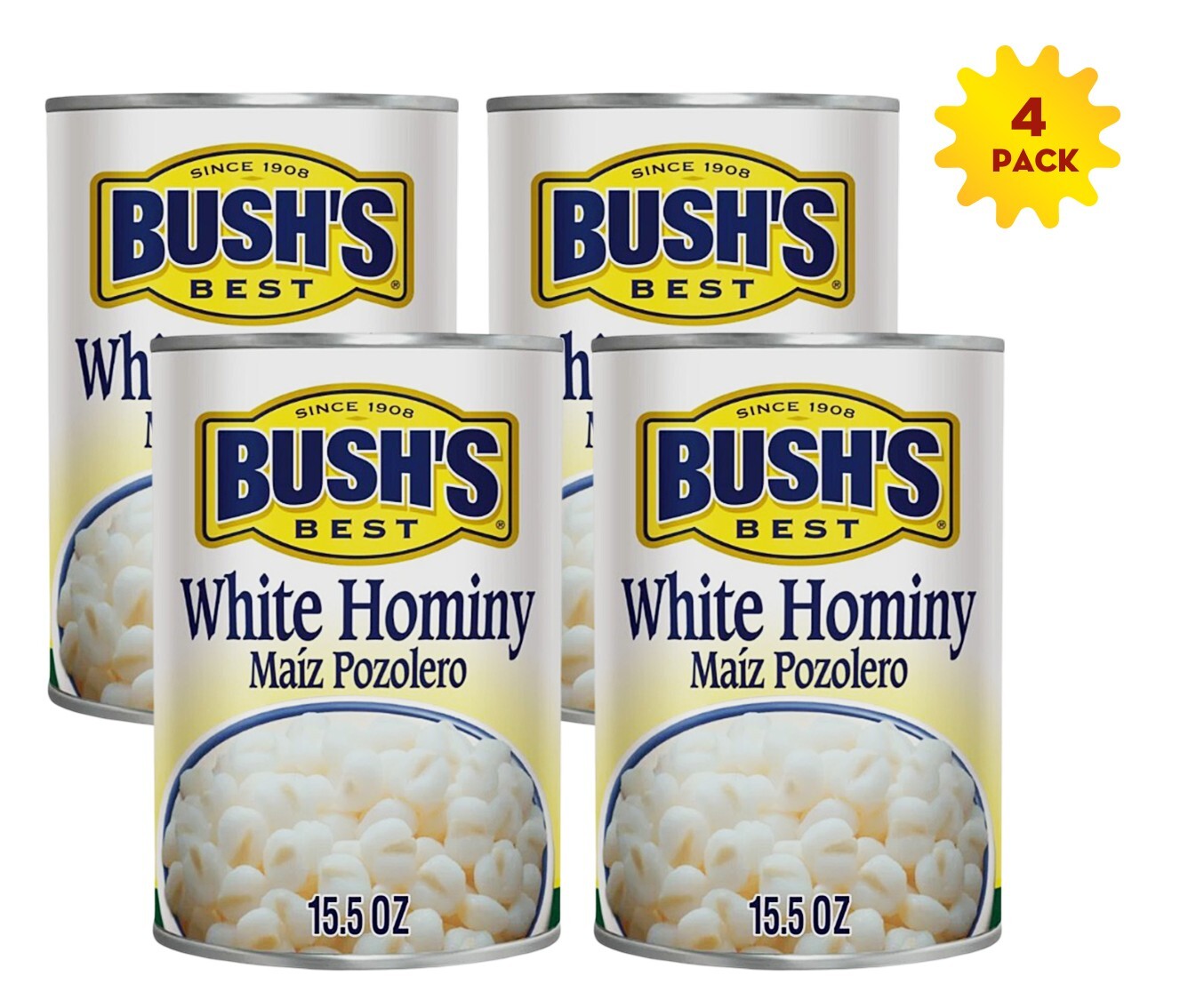 Bush’s White Hominy, Canned and Shelf Stable, 15.5 oz (Pack of 4)