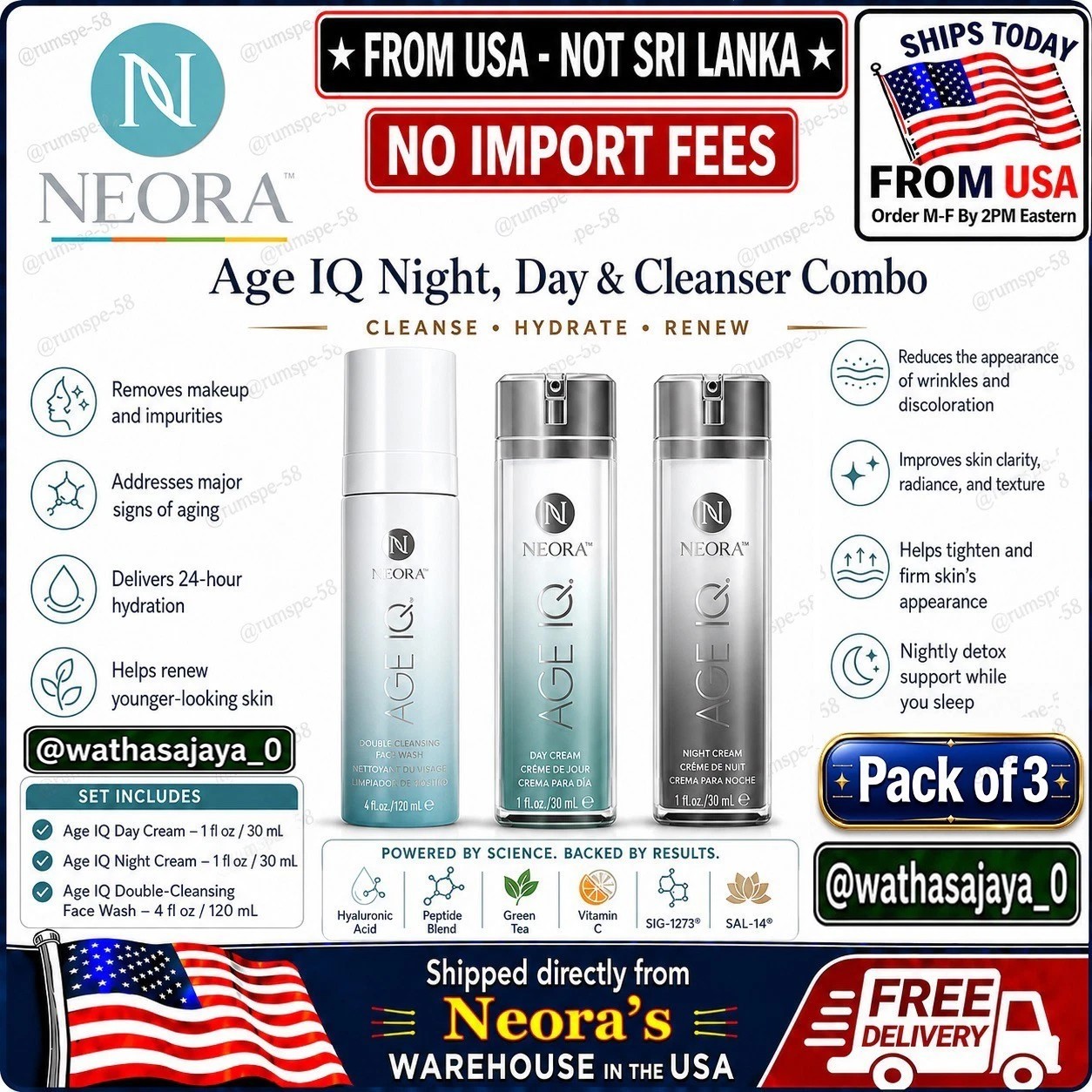 Neora Age IQ Night Day Cream & Double Cleansing Face Wash 3 Pc Set🚚From USA🚚