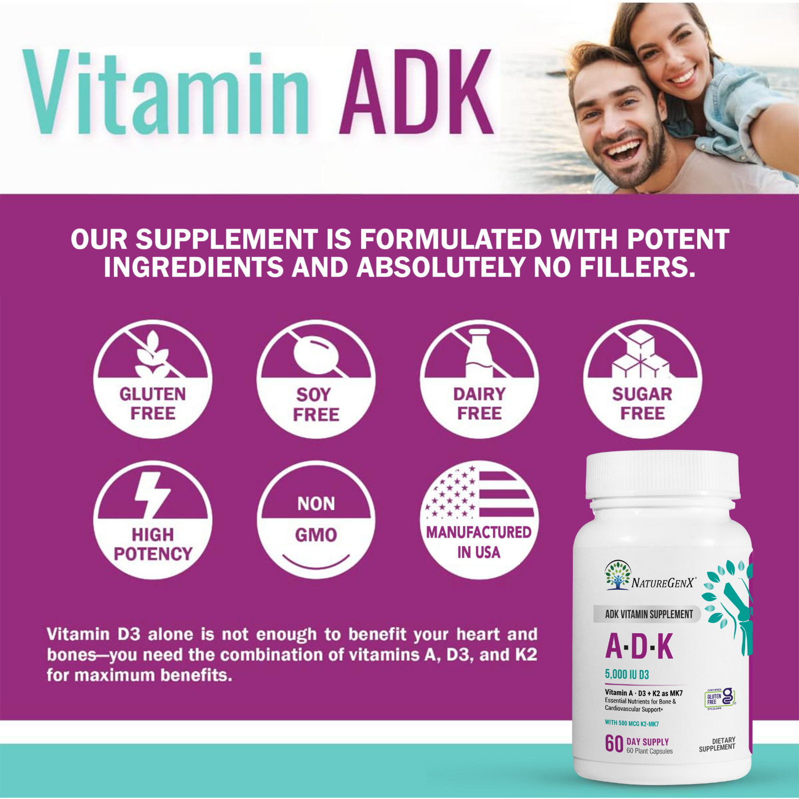 ADK Vitamin Supplement w/ Vitamins A, D3, K2 as MK7 for Bone Heart Immune Health