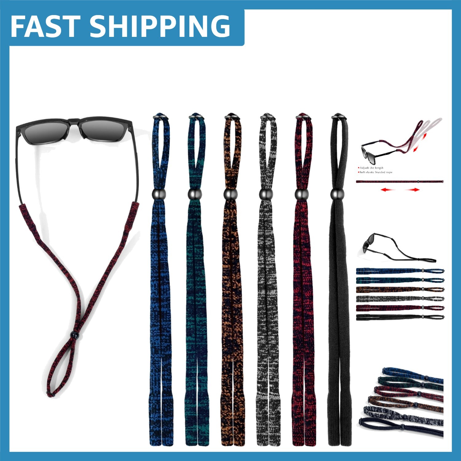 Durable 6-Pack Sunglasses Lanyard – Adjustable Fit for All Ages, Mixed Colors